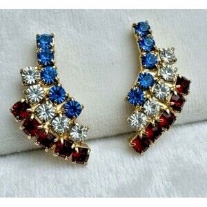 Vintage Patriotic Rhinestone Clip On Earrings 1” Red White Blue Gold Tone